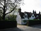 White cottage with tile roof.
Hedges, gravel drive, and flowering Cherry tree.