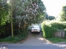 Driveway with garage and parked car.
Clematis on tree overhanging driveway.
Telephone pole on left.
Low wooden fence on right.