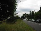 Road with trees and grass verge on left.
Parked cars on right.
White house in the distance.
Road sign and telephone pole.