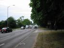 Looking west on the A4 Bath Road.
Small trees on left, with large streetlight.
Cars on road.
Pavement and grass verge on right, with large trees.