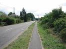 Road on left with bushes and house roofs in the distance.
Grass verge with footpath.
Bushes on right.