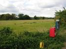 Grassy field with trees in the distance.
Low hedge with hydrant post, pillar-box, and parish notice-board.