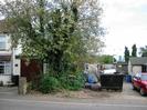 House with large tree in front.
Entrance to commercial premises with skip and barrels.
