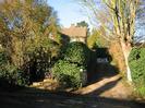 Lattice gate leading to house, driveway with white gates, trees and hedges.