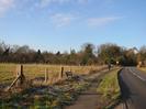 Looking North-West on Boundary Road.
Field with wire fence on left.
Wooden bench seat.
St Nicolas Church seen across trees in the background.
Walker approaching 30-limit signs.