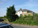 Grassy bank alongside road.
Cypress trees and wooden fence, with houses behind.
Houses of sandy brick with dark slate roofs.