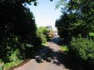 The entrance to Berry Hill Farm.
Trees and bushes on each side of the road.
Buildings and parked cars in the distance.