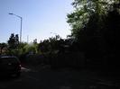 Looking west across Berry Hill, into the sun.
Cars queued for traffic lights on left.
Dark trees on far side of road.
Tall streetlights on Bath Road.