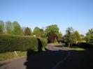 Rectory Road.
High holly hedge around churchyard on the left.
Large trees outside Wellbank in the distance.
Shadow across road cast by St Nicolas House.