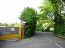 Looking north on Mill Lane.
Yellow gates on left to the old gasworks site.
Footpath junction and trees on the right.