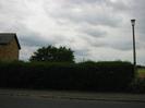 Road with dark hedge on the other side.
Part of house on left.
Street light on right with Neighbourhood Watch sign.