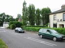 Road with parked cars.
Houses behind hedges.
Tall trees.