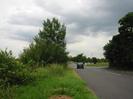 Road with grass verge and trees on left.
Junction with Station Road.
Group of trees to right of junction.