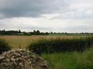 Grass verge with hedge and field beyond.
Trees and farm buildings in the distance.
Pile of rubble on left.