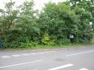 Road junction with bushes on far side.
Block of flats just visible through the bushes.
Estate agent's sign.