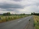 Road with chainlink fence and allotment gardens on left.
Footway and grass area on right.
Row of short posts along edge of grass.