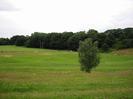 Grassy slope down towards playing field.
Rugby goal-post.
Trees on the right.
Rubbish scattered on grass left by encampment of travellers.