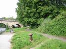 Towpath leading to Maidenhead Bridge.
Eastern end of bridge.
Man reading on bench seat.
Large mooring bollard with round top.
Large chestnut trees on right.