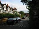 Looking south on River Road.
"Gaiety Row" houses on the left.
Railway bridge in the distance.
Dark trees on the right.