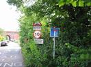 Looking south on River Road.
Brick railway bridge in the distance.
Bank of trees hiding the River Thames on the right.
Roadsigns among trees:
Humps for 100 yards
10 mph speed limit
Private Road Residents Parking Only
No through road sign with public footpath sign on the same post.