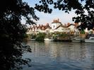 River Thames with Gaiety Row houses on the far bank.
Steep gardens along the river, some with moored boats.
