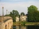 Maidenhead Bridge on the left: sandy-coloured stone arches with stone parapet and row of decorative street-lights.
Large trees on far bank surrounding two derelict houses: Sunnyside and Bridge Villas.
The houses were once painted white, with slate roofs.
Scaffolding is being erected around them.