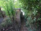 Narrow footpath between chainlink fence and hedge.
Garden sheds on left.