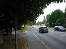 Road with overhanging trees on the left.
Pavement and grass verge with street-light pole.
Cars on road.
Trees and bus-stop on far side of road.