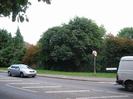 Road junction.
Pavement, grass verge, and bank of trees on far side.
40mph sign and street-name sign for Ellington Road in grass.