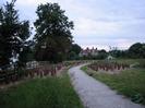 Wide footpath surfaced with grey chippings.
Newly-planted trees each side of the path.
Wooden rail fence on left with trees and road beyond.
Hotel building in the distance.