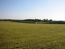 Grassy field with hedge.
Houses and trees in distance.