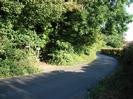 Road with trees and bushes on the far side.
Footpath entrance.
Hedge on right.