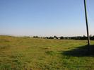 Open field with iron fence on the skyline.
Houses visible in the distance.
Telephone pole on the right.