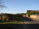 Looking north on Hitcham Road.
High hedge on left.
Wooden fence with trellis on right.
Red-brick house in the distance.
