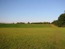 Grassy area with worn track.
Slope up to road, with roofs visible on skyline.