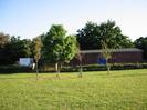 Grassy area with trees.
Low hedge with club-hut and parked vehicles behind.