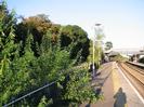 Railway platform.
Iron railings on left, with plants and road beyond.
Red street-light poles.
Covered iron footbridge.