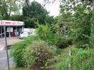 Road with car showroom on far side.
Grey signpost with no sign.
Bushes and fence on right.