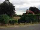 Road in foreground.
Bushes alongside road.
Trees and open ground visible through gap in bushes.
Part of large orange digger visible over bushes on right.