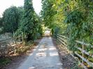 Narrow lane with gate at the end.
Wooden fences and trees each side.