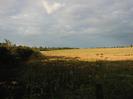 Grassy fields with trees and St Nicolas church spire visible on the skyline.