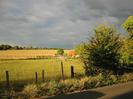 Fields with wire fences.
Trees on the horizon, with St Nicolas church spire visible among them.
Trees on the right with buildings behind.