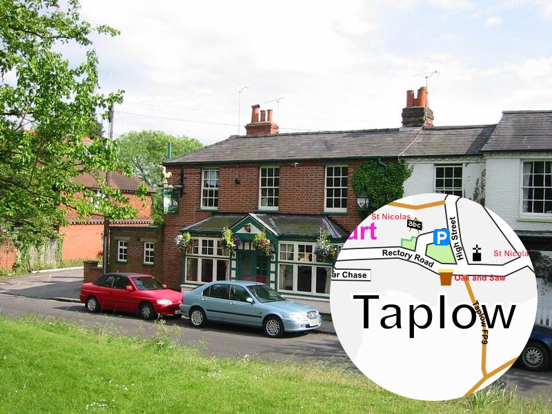 Picture of The Oak and Saw public house with inset map of Taplow Village